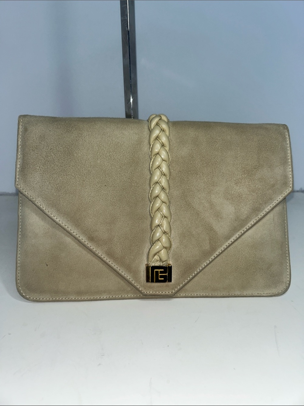 Pierre Balmain Beige Suede Envelope Clutch with Braided Detail